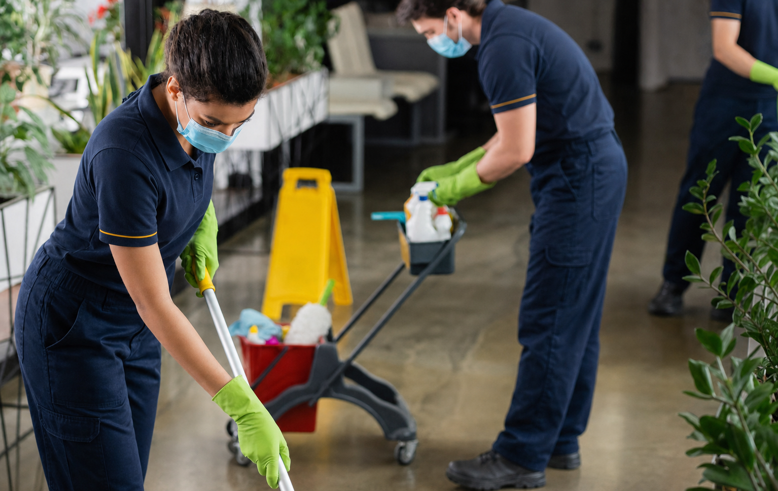 Professional cleaners in coordinated navy uniforms servicing a commercial facility