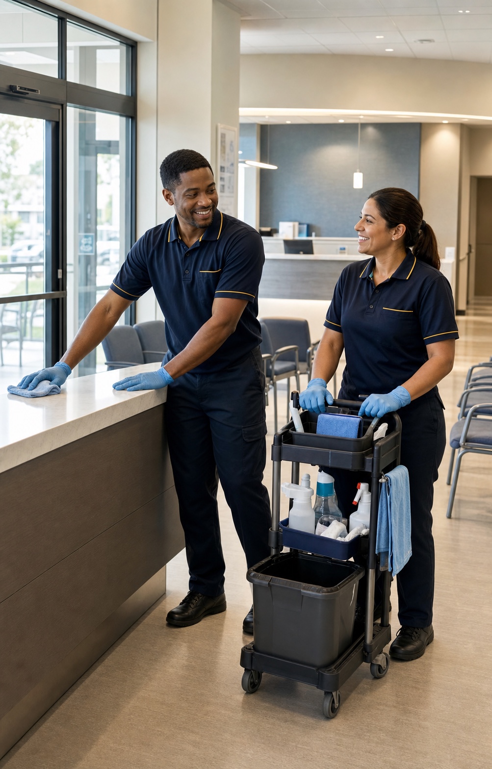 Two smiling Wingspan cleaners caring for a medical facility waiting area