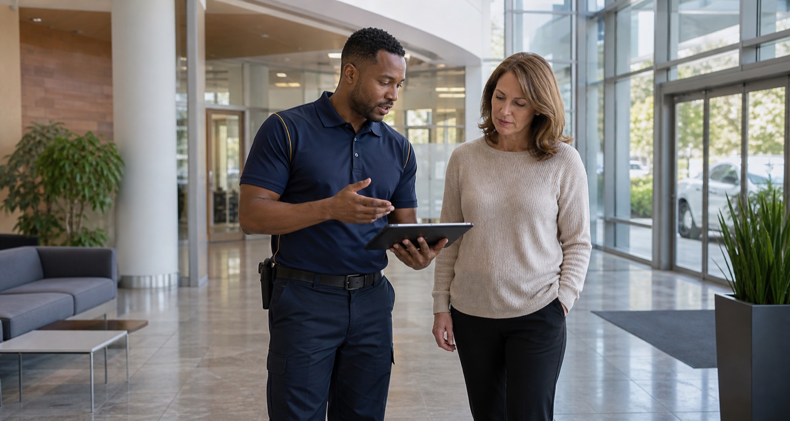 Wingspan representative reviewing a commercial facility walkthrough with a client