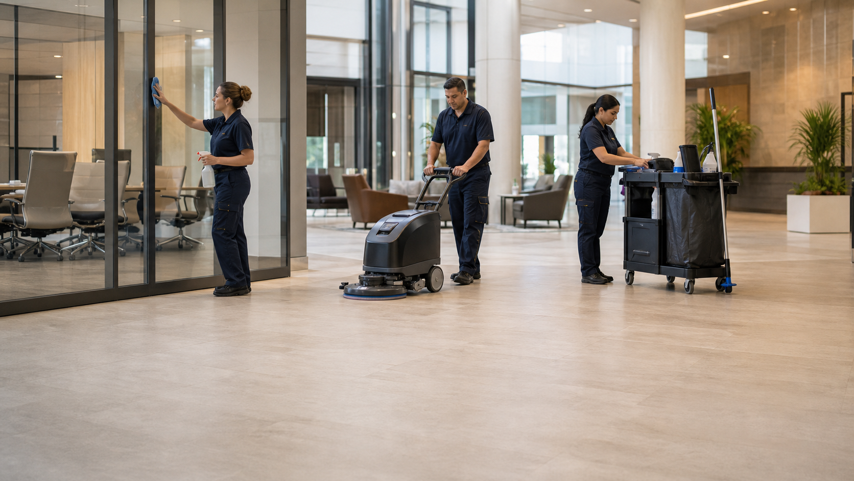 Professional commercial cleaning team working throughout a modern office lobby