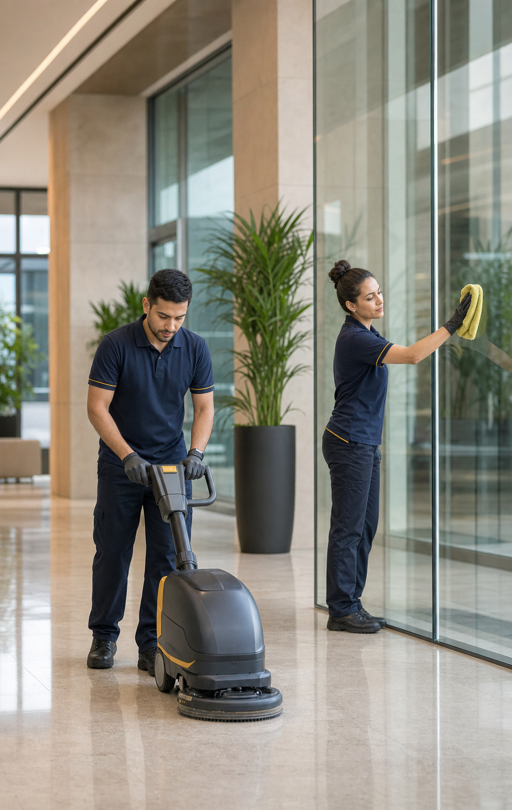 Professional commercial cleaning team caring for a modern office lobby