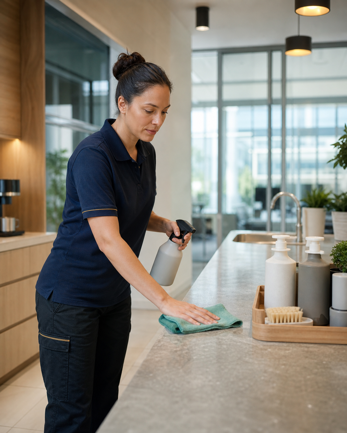 Commercial cleaner using eco-conscious products in a modern office kitchenette
