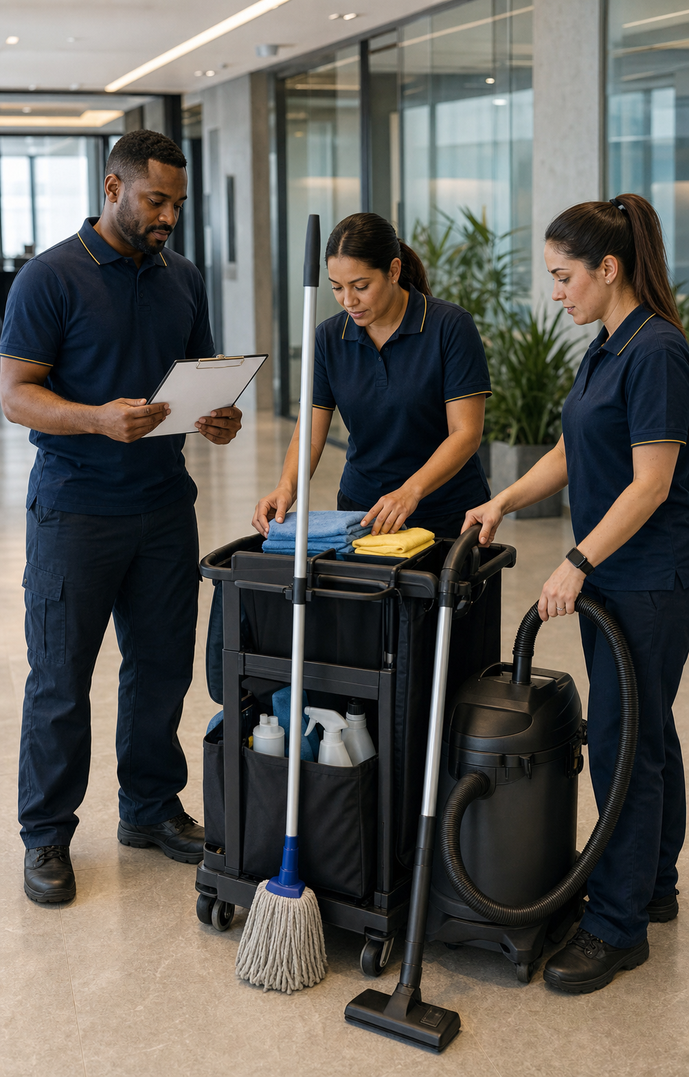 Trained commercial cleaning team preparing equipment for a facility shift